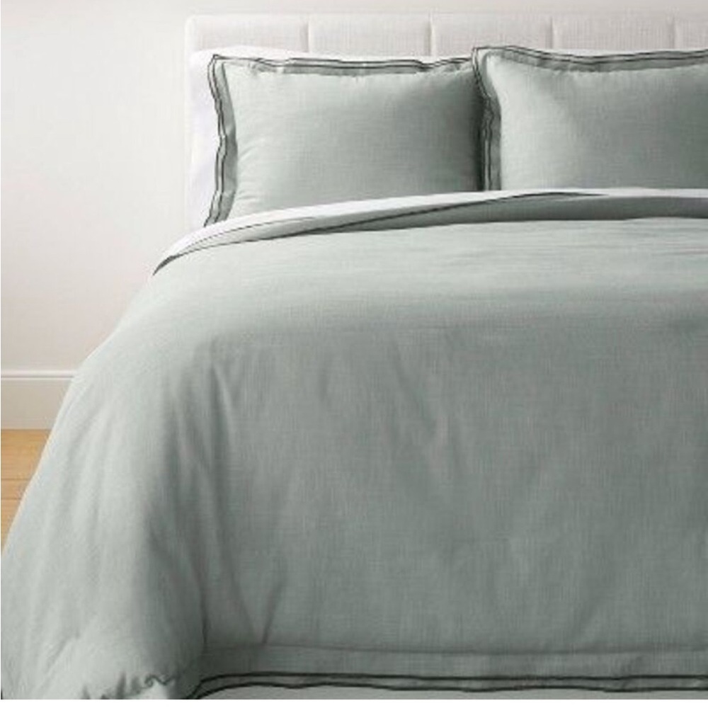 Full/Queen Double Flange Merrow Stitch Duvet Cover & Sham Set Light Green NWT